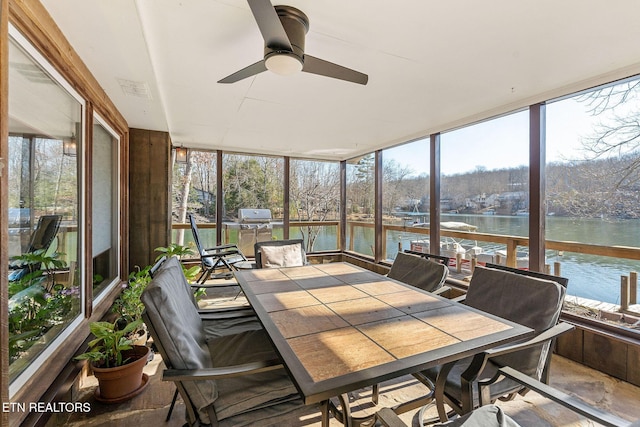 sunroom / solarium featuring a water view, a ceiling fan, and a healthy amount of sunlight