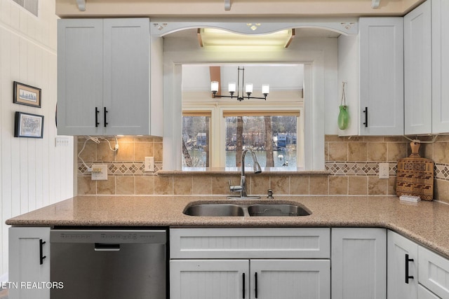 kitchen featuring a sink, white cabinetry, decorative backsplash, and stainless steel dishwasher