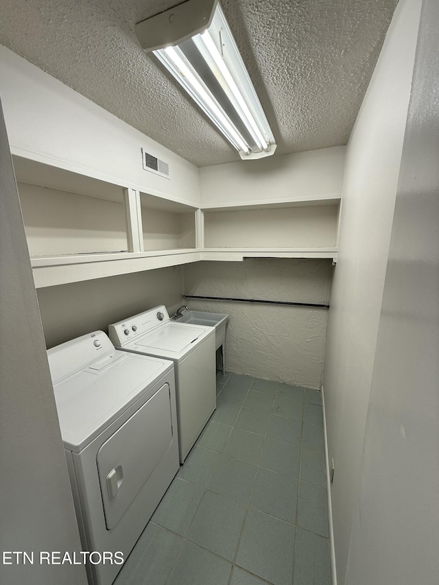 7000 Big Horn Dr Unit A-3, Crossville, TN 38572 - washroom with a textured ceiling, laundry area, a sink, visible vents, and washer and clothes dryer