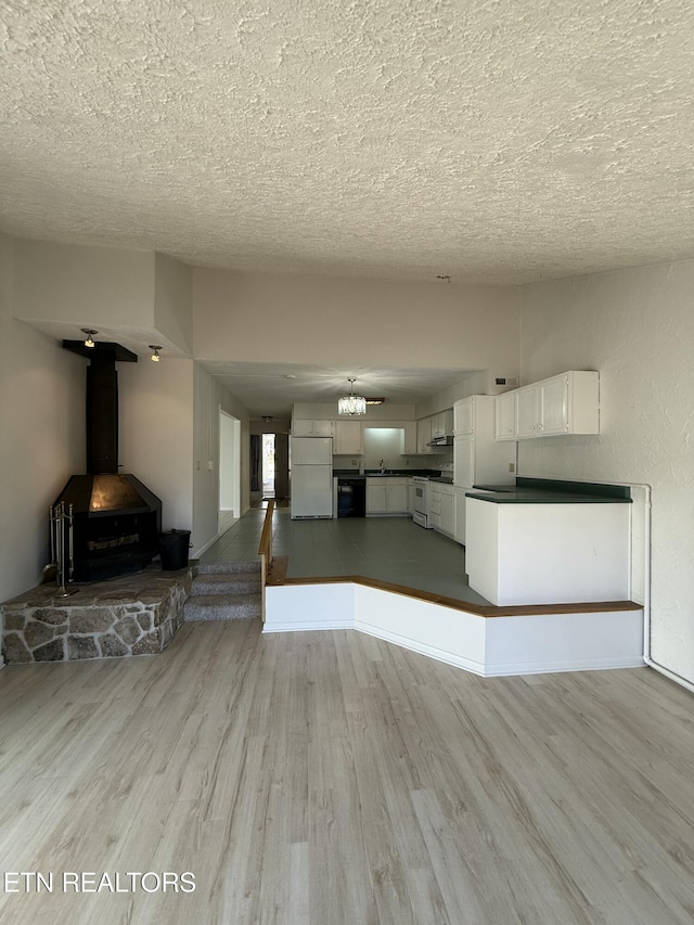 7000 Big Horn Dr Unit A-3, Crossville, TN 38572 - unfurnished living room with a wood stove, a sink, a textured ceiling, and light wood finished floors