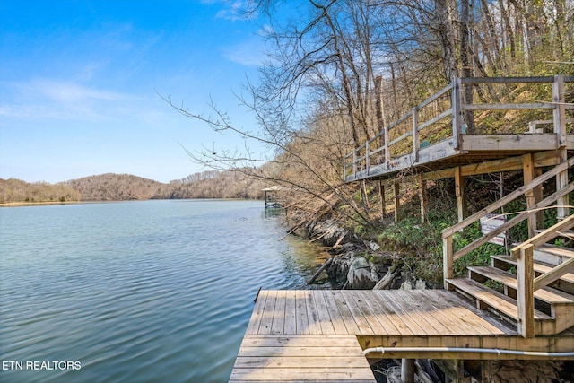 view of dock with a water view and a view of trees