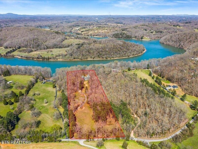 drone / aerial view with a wooded view and a water view