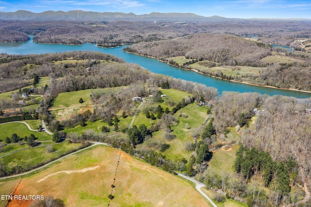 bird's eye view with a forest view and a water and mountain view