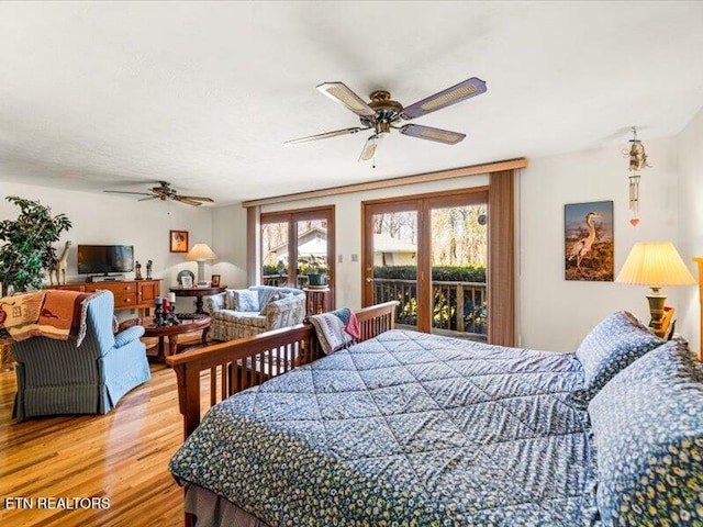 bedroom with ceiling fan, light wood-style flooring, and access to outside