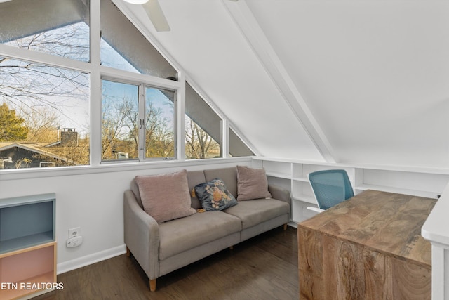 interior space with baseboards, vaulted ceiling, and wood finished floors