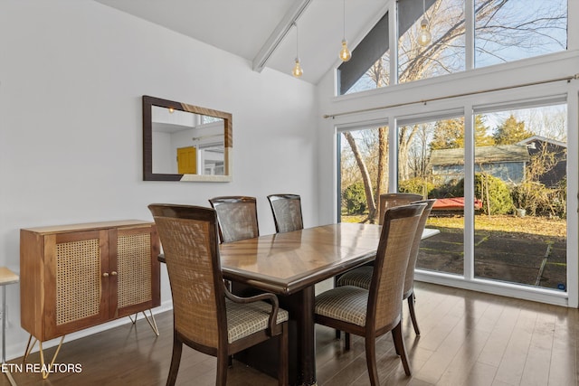 dining room with high vaulted ceiling and wood finished floors