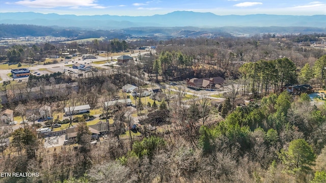 birds eye view of property featuring a mountain view and a wooded view