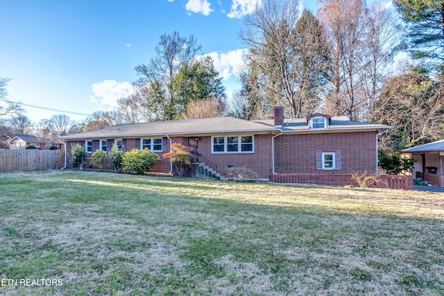 single story home with brick siding, a chimney, crawl space, fence, and a front lawn