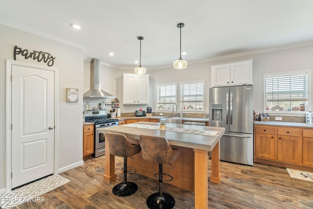 kitchen featuring wall chimney exhaust hood, appliances with stainless steel finishes, wood finished floors, and a healthy amount of sunlight