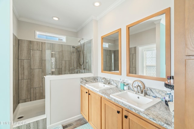 bathroom featuring plenty of natural light, a tile shower, and a sink