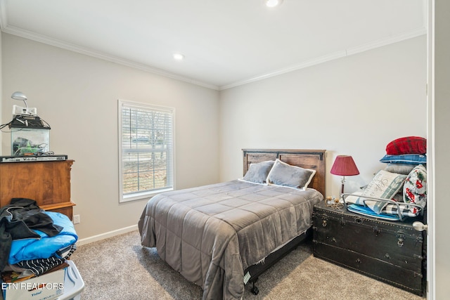 carpeted bedroom with ornamental molding, recessed lighting, and baseboards