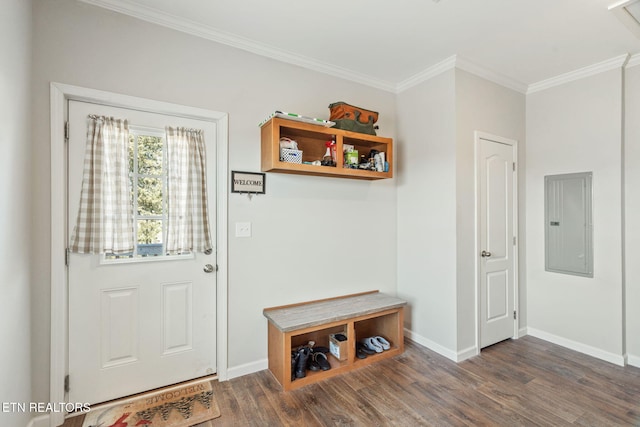 entryway featuring baseboards, electric panel, ornamental molding, and wood finished floors