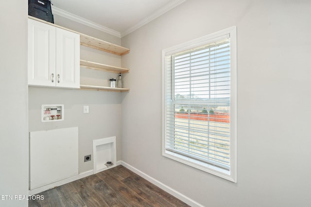 laundry area featuring cabinet space, baseboards, dark wood-style flooring, hookup for a washing machine, and hookup for an electric dryer