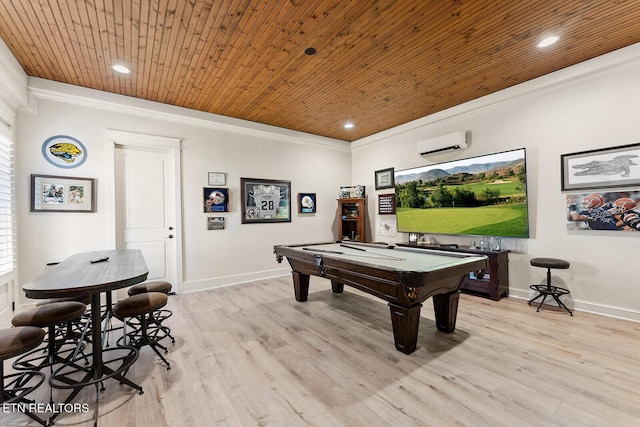 game room featuring baseboards, wooden ceiling, light wood-style flooring, ornamental molding, and an AC wall unit