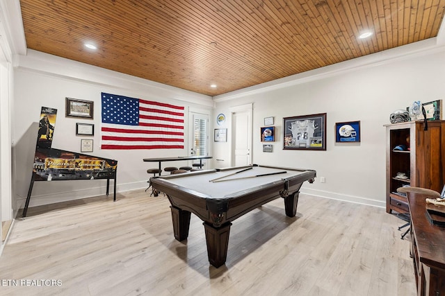 recreation room with light wood finished floors, baseboards, wood ceiling, pool table, and recessed lighting