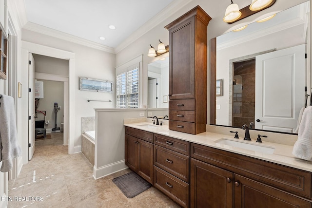 full bath featuring crown molding, double vanity, a sink, and a bath