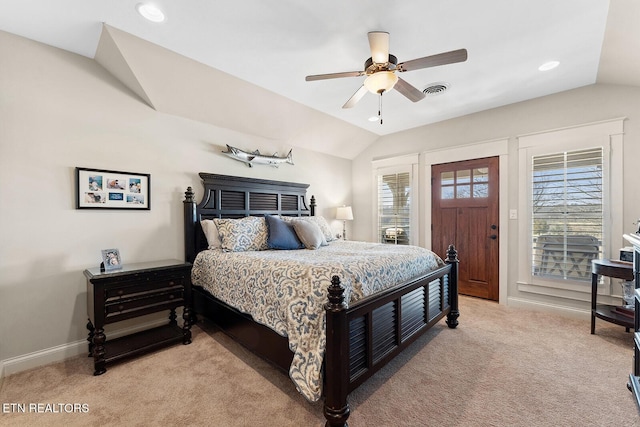 bedroom featuring light carpet, visible vents, baseboards, vaulted ceiling, and access to outside