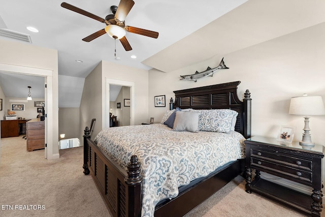 bedroom with a ceiling fan, light colored carpet, visible vents, and recessed lighting