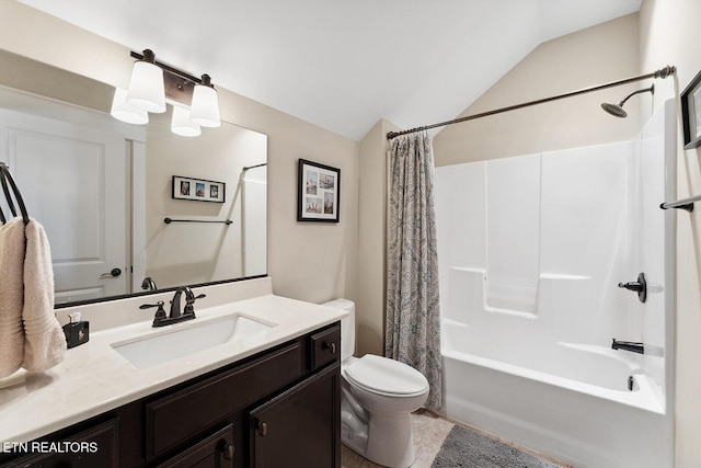 bathroom with toilet, vaulted ceiling, shower / bath combination with curtain, and vanity