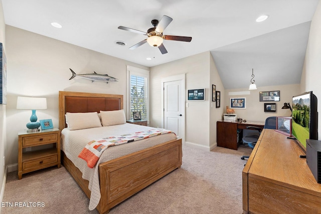 bedroom with recessed lighting, visible vents, a ceiling fan, light carpet, and baseboards