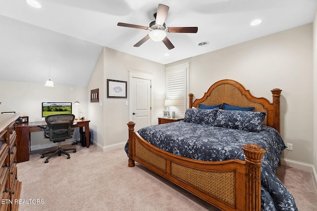 bedroom with light carpet, baseboards, visible vents, and recessed lighting