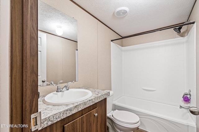 full bathroom with a textured ceiling, toilet, bathtub / shower combination, and visible vents