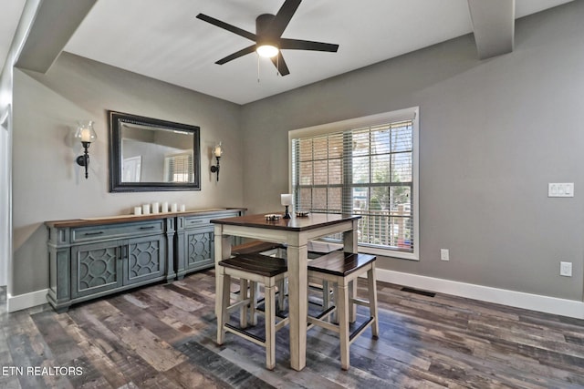 dining space featuring a ceiling fan, visible vents, baseboards, and dark wood-style flooring