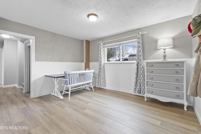 bedroom featuring wood finished floors, a wainscoted wall, and a textured ceiling