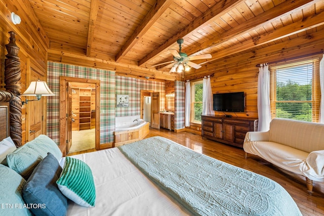 bedroom with wooden ceiling, beam ceiling, and wood finished floors