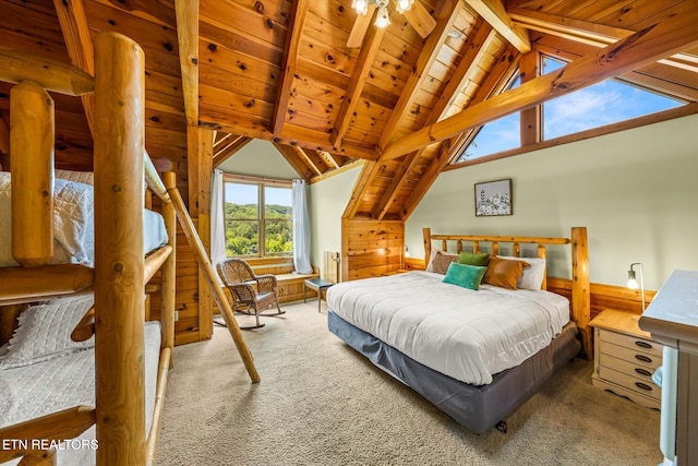 bedroom with light carpet, wood walls, wood ceiling, and vaulted ceiling with beams