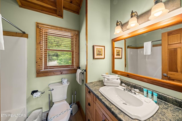 bathroom with toilet, curtained shower, and vanity