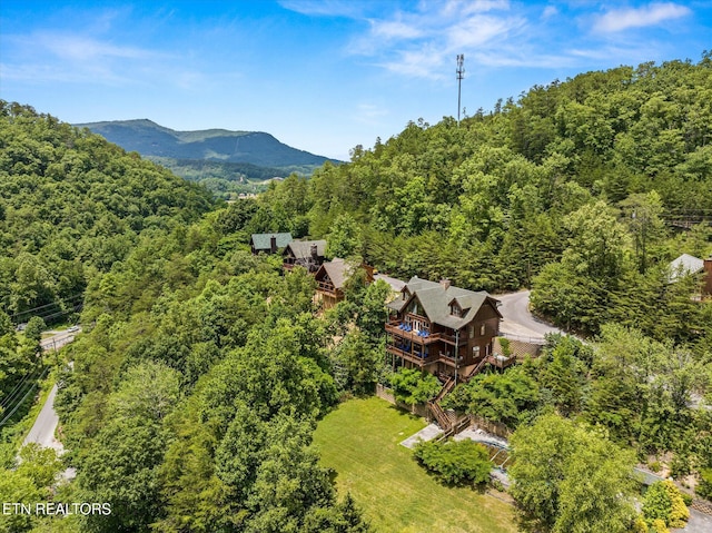 bird's eye view with a mountain view and a view of trees