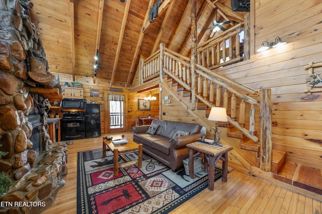 1906 Buckeye View Way, Sevierville, TN 37876 - living area with wooden ceiling, wood walls, stairway, beam ceiling, and light wood finished floors