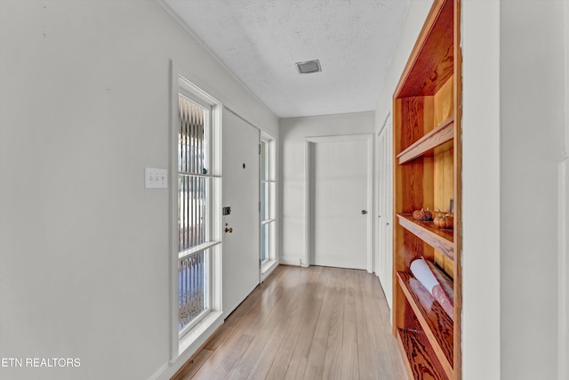 doorway featuring light wood-style floors, a healthy amount of sunlight, and a textured ceiling