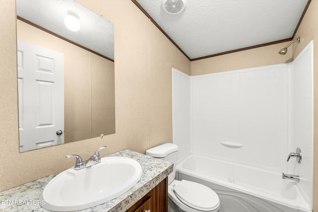 1326 Moss Rd, Philadelphia, TN 37846 - bathroom featuring a textured ceiling, toilet, vanity, visible vents, and washtub / shower combination