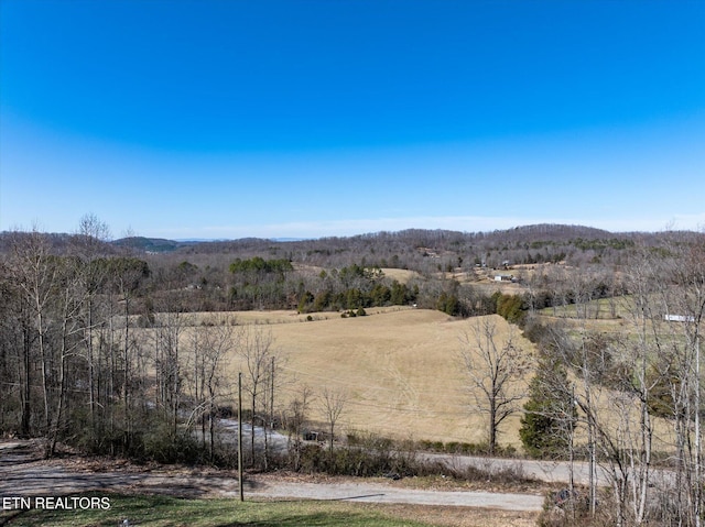 mountain view featuring a forest view and a rural view