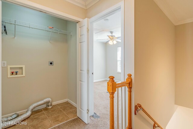 laundry area featuring laundry area, baseboards, ornamental molding, hookup for an electric dryer, and washer hookup