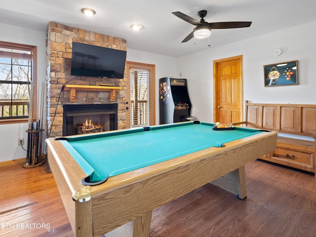 game room with baseboards, a fireplace, billiards, and wood finished floors