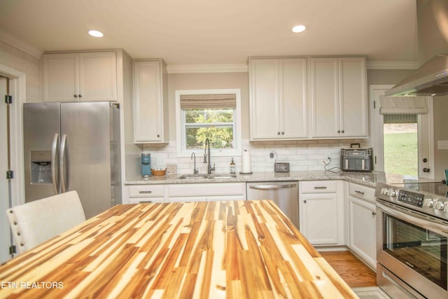 kitchen featuring appliances with stainless steel finishes, ornamental molding, a sink, butcher block countertops, and extractor fan