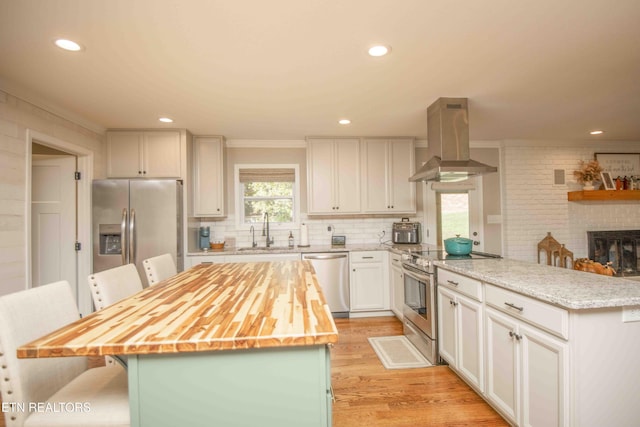 kitchen with ornamental molding, a peninsula, range hood, stainless steel appliances, and a sink