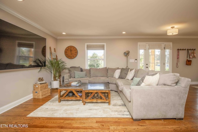 living room with crown molding, baseboards, and wood finished floors