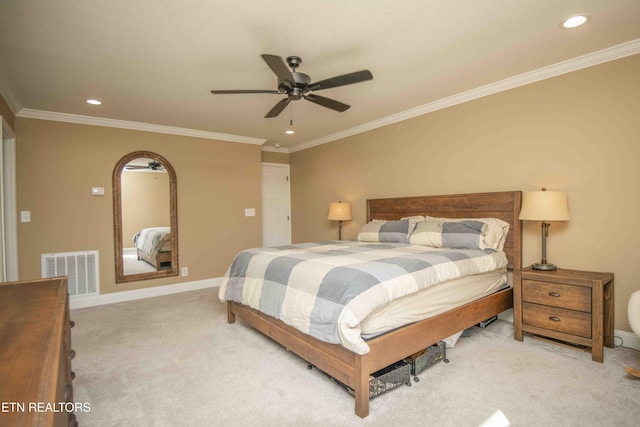 bedroom featuring recessed lighting, carpet floors, visible vents, baseboards, and ornamental molding