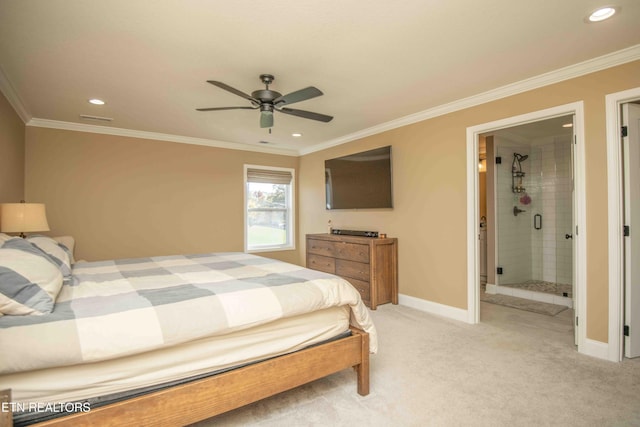 bedroom featuring visible vents, baseboards, light colored carpet, ornamental molding, and recessed lighting