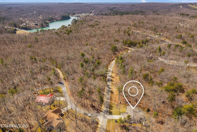 bird's eye view featuring a water view and a wooded view