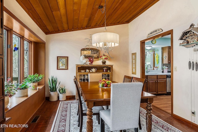 dining area with wood ceiling, visible vents, baseboards, and wood finished floors