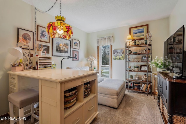 carpeted office featuring a textured ceiling