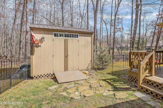 view of shed featuring a fenced backyard