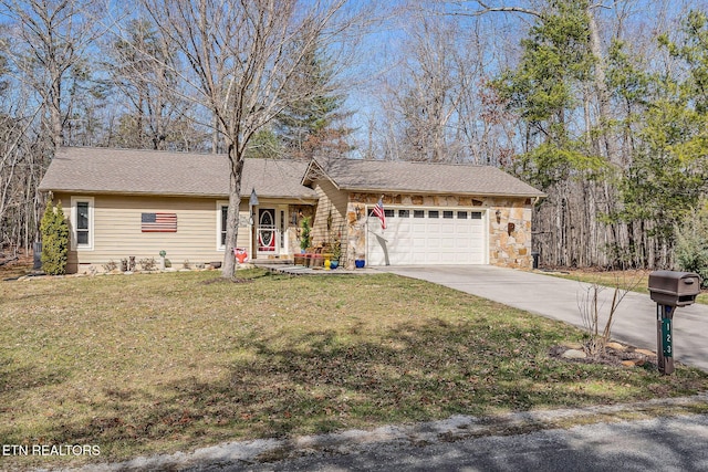 ranch-style house featuring a garage, a shingled roof, concrete driveway, stone siding, and a front lawn