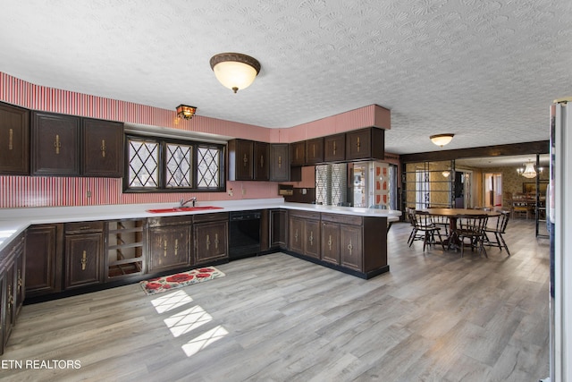 kitchen featuring dark brown cabinetry, dishwasher, light wood-style flooring, light countertops, and a sink