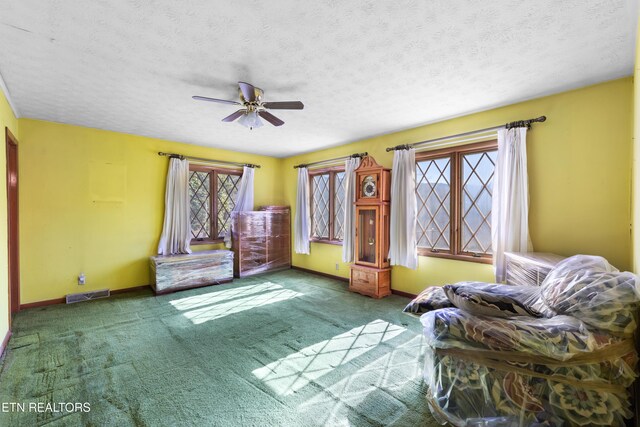 living area with carpet floors, visible vents, and a textured ceiling